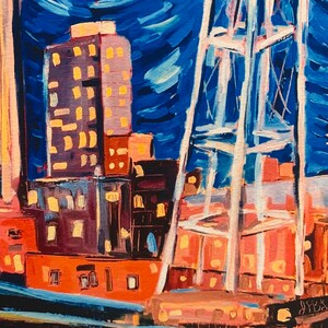 8x8 / 11x11 Starry Night In Durham Archival Print downtown Durham North Carolina skyline oil painting signed image 5