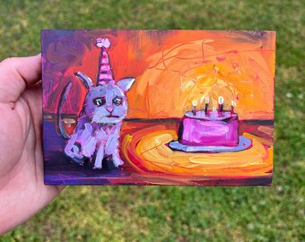 4x6 Original oil painting of a strange scared cat on wood panel weird cat art funny wall decor unique gifts or shelf whimsical cat
