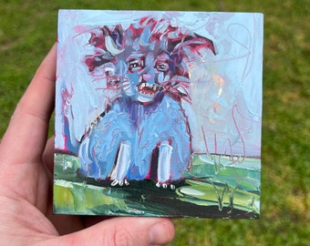 4x4 Original oil painting of a fuzzy angry weird cat kitten on wood panel weird cat art surrealism creature pareidolia monster artwork