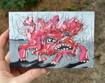 4x6 Original Oil Painting weird surreal landscape creature red monster demon angry pareidolia creature