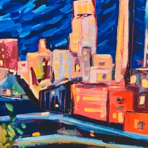 8x8 / 11x11 Starry Night In Durham Archival Print downtown Durham North Carolina skyline oil painting signed image 3