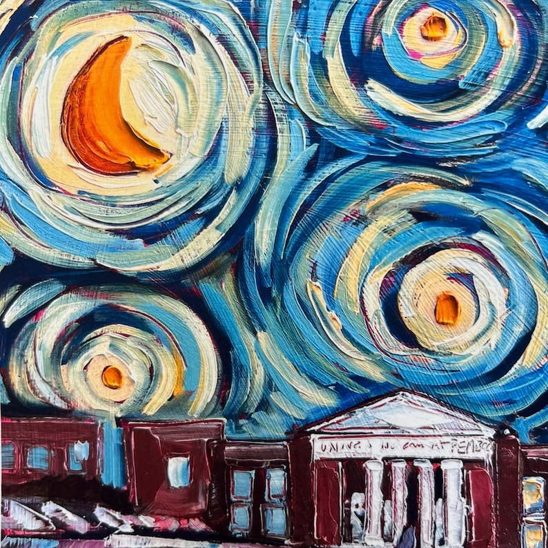 May include: An impressionistic painting depicting a night sky with swirling blue and yellow clouds and an orange crescent moon. Buildings with red brick facades and white columns are in the foreground. The text "UNING N.C. em ATENAS" is visible.