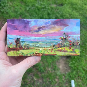 3x6 Original Oil Painting panoramic  landscape blue ridge mountains sunset flowers pink and peach skyscape North Carolina mini painting