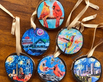 North Carolina Ornaments: Starry Night, Cardinals, Krispy Kreme, Handmade Wood