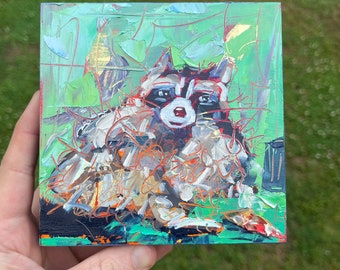 5 x 5 peinture à l'huile originale d'un raton laveur avec pizza vert forêt art animalier drôle mignon texture Caroline du Nord artiste leitner studios