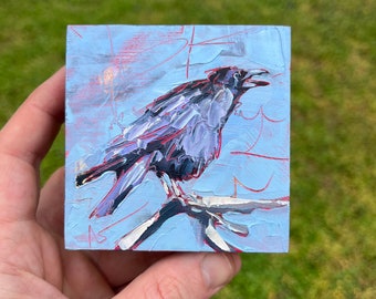 3x3 original crow oil painting on birch wood with gold leaf animal bird painting textured impressionistic goth