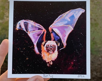 Impresión artística de Bat Pug: Impresión giclée de acuarela peculiar (5x5)