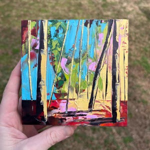 5x5 Original Oil Painting Abstract landscape tree and fence with path on Wood Panel, Blue, textured NC painting abstract landscape painting
