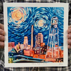 8x8 / 11x11 Starry Night In Durham Archival Print downtown Durham North Carolina skyline oil painting signed image 1