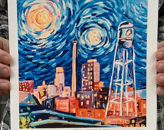 8x8 / 11x11 Starry Night In Durham Archival Print downtown Durham North Carolina skyline oil painting signed