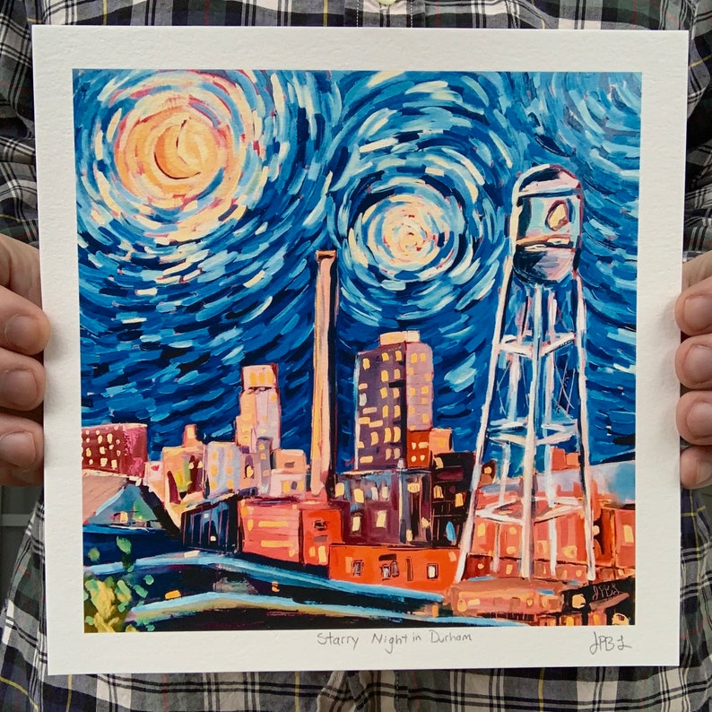 8x8 / 11x11 Starry Night In Durham Archival Print downtown Durham North Carolina skyline oil painting signed image 1