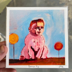 5x5 Demon Pig baby giclee watercolor Print weird creepy strange art home decor wall art print funny farm animal surreal strange painting