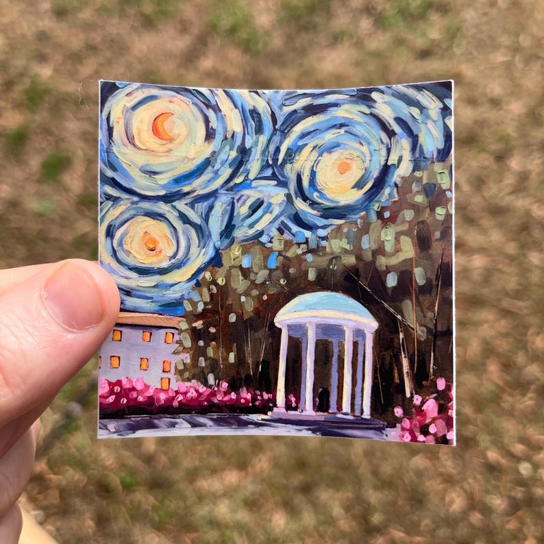 May include: A sticker featuring a painting of the iconic Old Well at the University of North Carolina at Chapel Hill, with a starry night sky in the background. The painting is done in a style reminiscent of Vincent van Gogh's Starry Night.