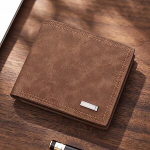 May include: A brown bi-fold wallet with a textured surface and visible stitching along the edges. The front of the wallet features a small, rectangular silver-toned metal accent piece positioned near the bottom right corner of the folded exterior.