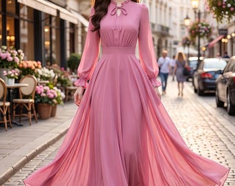 Elegant Long Sleeve Flared Dress – Women's Tie-Waist Maxi Dress