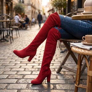 May include: Red suede over-the-knee boots with a block heel. The boots are worn with blue jeans and are tied at the top. The boots are knee-high and have a rounded toe.