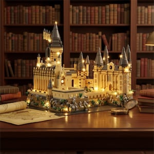 Peut inclure: Un modèle détaillé d'un château avec de multiples tours et flèches, éclairé par de petites lumières. Le château est beige et gris, avec une façade détaillée. Le modèle est posé sur une surface en bois, avec des livres et une carte en arrière-plan.