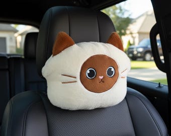 Plush Siamese Cat Car Headrest and Lumbar Support Pillow Set
