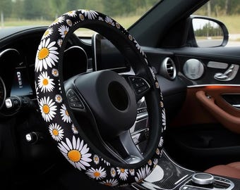 Coprivolante con margherite, accessorio auto floreale boho, protezione elastica per volante (38 cm)
