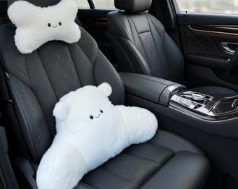 Plush Bear Car Headrest and Lumbar Support Set, Cream Road Trip Comfort Pillow