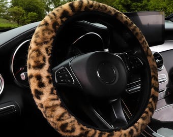 Coprivolante in pelliccia sintetica con stampa leopardata, accessorio di peluche per auto
