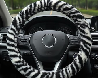 Couvre volant moelleux en fausse fourrure à imprimé zèbre - Accessoire de voiture en peluche pour l'hiver