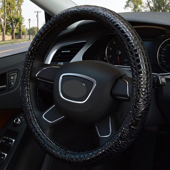 Glossy Faux Crocodile Steering Wheel Cover, Embossed Alligator Texture, Vegan Leather Car Protector