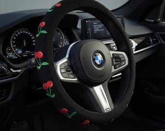 Coprivolante ricamato, accessorio per auto nero, motivo floreale a coccinella, vestibilità universale