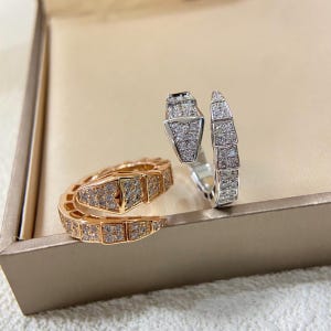Puede incluir: Dos anillos con forma de serpiente, uno dorado y otro plateado, ambos incrustados con pequeñas piedras brillantes. El anillo dorado está enrollado, mientras que el anillo plateado está abierto. Los anillos se exhiben sobre una superficie de tono neutro.