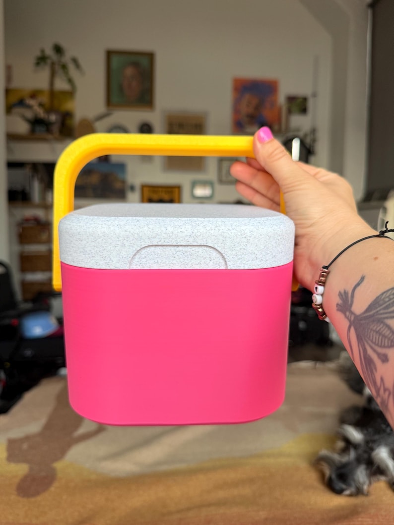 Puede incluir: Una nevera rosa brillante con una tapa gris moteada y un asa amarilla. La nevera es sostenida por una persona. El fondo incluye obras de arte y una alfombra estampada.