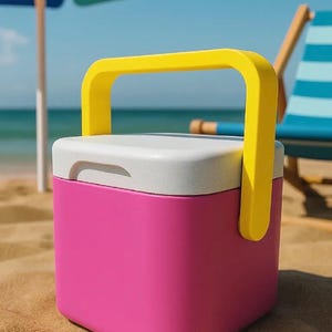 Puede incluir: Una nevera rosa brillante con tapa blanca y asa amarilla sobre la arena. La nevera tiene forma de caja y parece vac&iacute;a. Una sombrilla y una silla de playa a rayas se ven al fondo.