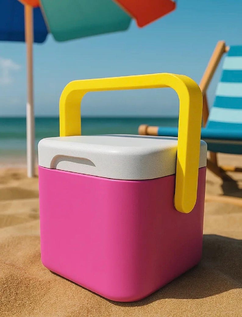 Puede incluir: Una nevera rosa brillante con tapa blanca y asa amarilla sobre la arena. La nevera tiene forma de caja y parece vac&iacute;a. Una sombrilla y una silla de playa a rayas se ven al fondo.
