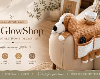 Organizador de apoio de braço de sofá em crochê feito à mão com formato de cachorro, porta-controle remoto, decoração aconchegante para sala de estar.