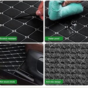Puede incluir: Funda de asiento de coche negra con un patr&oacute;n de diamantes y costuras blancas. La imagen muestra que la funda es resistente a los ara&ntilde;azos, impermeable, no se atasca y tiene un dise&ntilde;o antideslizante.