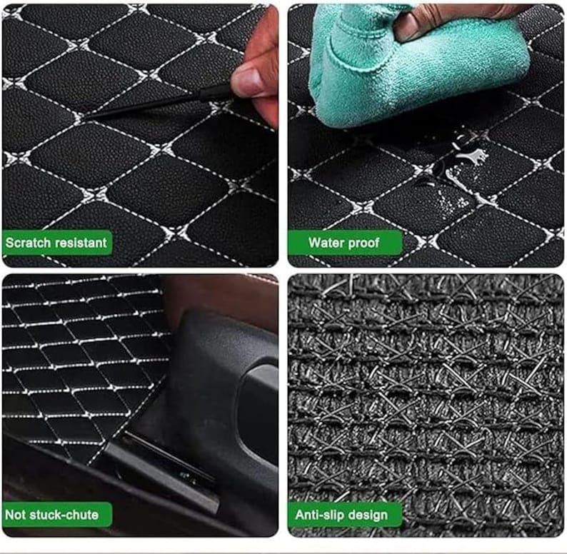 Puede incluir: Funda de asiento de coche negra con un patr&oacute;n de diamantes y costuras blancas. La imagen muestra que la funda es resistente a los ara&ntilde;azos, impermeable, no se atasca y tiene un dise&ntilde;o antideslizante.