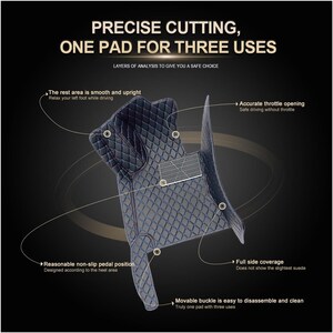 Puede incluir: Alfombrilla para coche negra y azul con un patr&oacute;n de diamantes y el texto "PRECISE CUTTING, ONE PAD FOR THREE USES". La alfombrilla tiene una posici&oacute;n de pedal antideslizante y cobertura lateral completa.