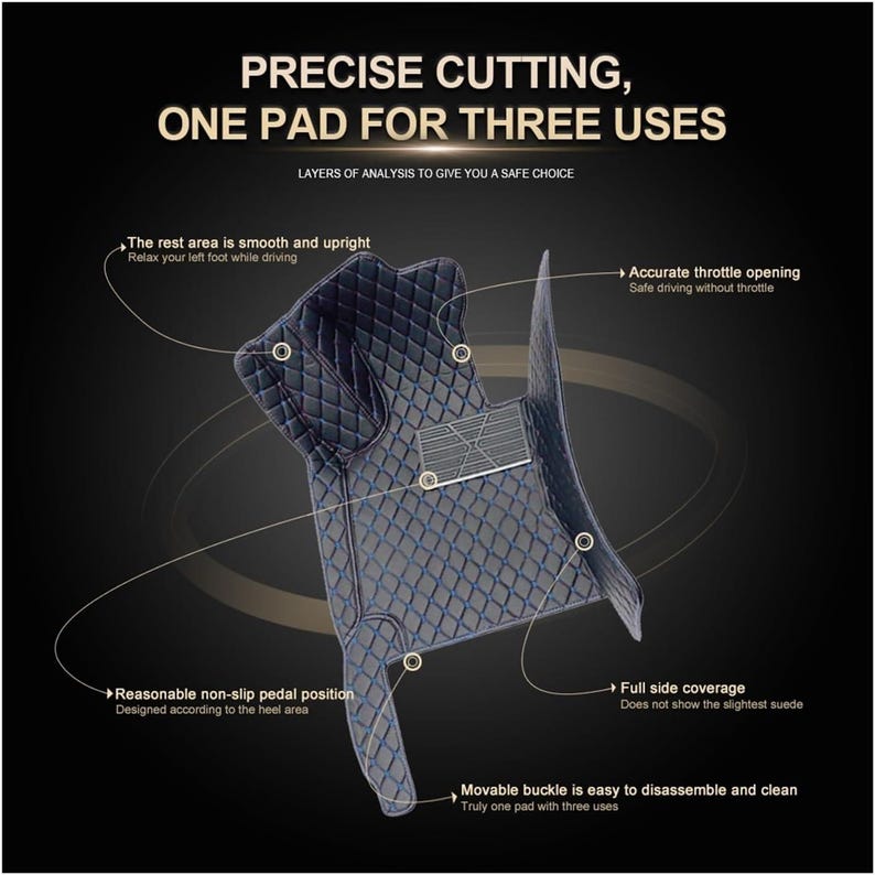 Puede incluir: Alfombrilla para coche negra y azul con un patr&oacute;n de diamantes y el texto "PRECISE CUTTING, ONE PAD FOR THREE USES". La alfombrilla tiene una posici&oacute;n de pedal antideslizante y cobertura lateral completa.