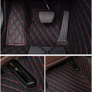 Puede incluir: Alfombrillas negras para coche con un patr&oacute;n acolchado de diamantes y costuras rojas. Las alfombrillas est&aacute;n dise&ntilde;adas para el espacio para los pies del conductor, con recortes para los pedales.