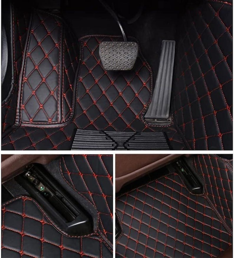 Puede incluir: Alfombrillas negras para coche con un patr&oacute;n acolchado de diamantes y costuras rojas. Las alfombrillas est&aacute;n dise&ntilde;adas para el espacio para los pies del conductor, con recortes para los pedales.