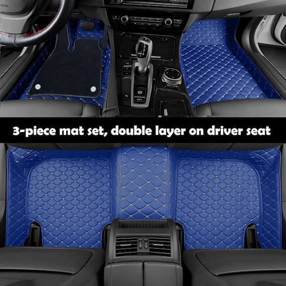 Luxury Blue Diamond Quilted Car Floor Mats | Leather 3-Piece Set, Double Layer Driver Protection