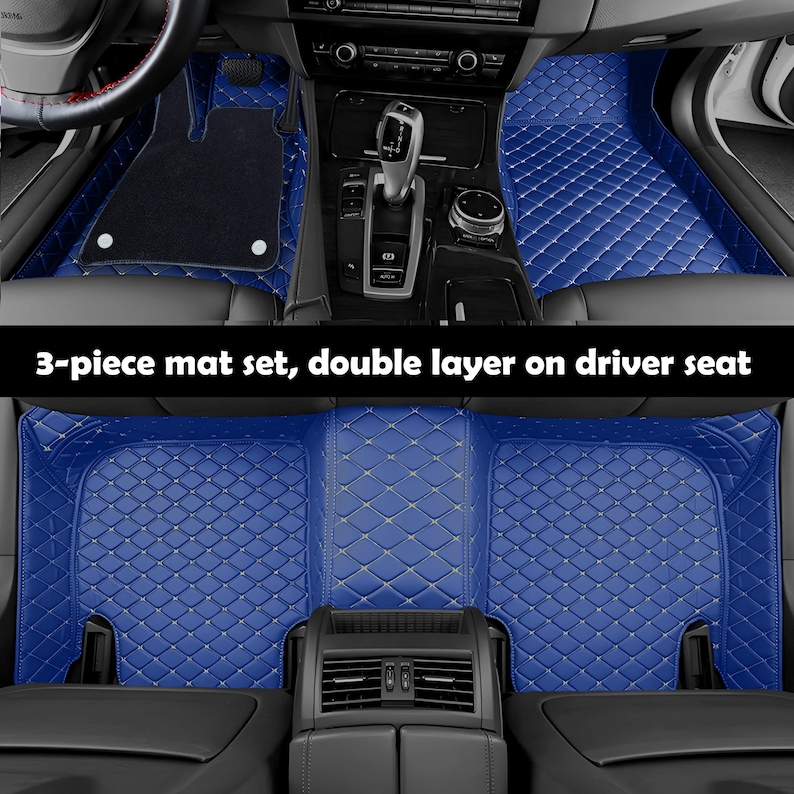 Puede incluir: Juego de alfombrillas azules para coche con un patr&oacute;n de costura de diamante. La imagen muestra un juego de alfombrillas para la parte delantera y trasera de un coche. El texto en la imagen dice: "3-piece mat set, double layer on driver seat."