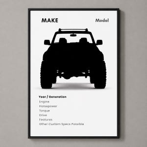 May include: A vertical rectangular poster featuring a black silhouette of an off-road vehicle centered on a white background. Text includes MAKE, Model, Year / Generation, Engine, Horsepower, Torque, Drive, Features, and Other Custom Specs Possible.