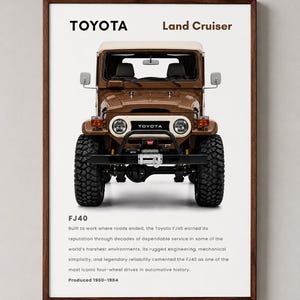 May include: A framed wall art print featuring a brown Toyota Land Cruiser FJ40 from a front-facing perspective. The text reads TOYOTA Land Cruiser, FJ40, and includes a historical summary of the vehicle's production years from 1960 to 1984.