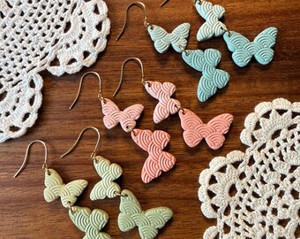Textured Butterfly Polymer Clay Earrings, 18K Gold Plated Surgical Steel Hooks