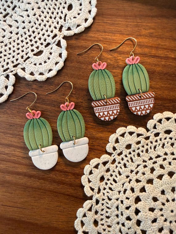 Polymer Clay Cactus Earrings: Hand-Chalked Detail, 18K Gold Plated Surgical Steel