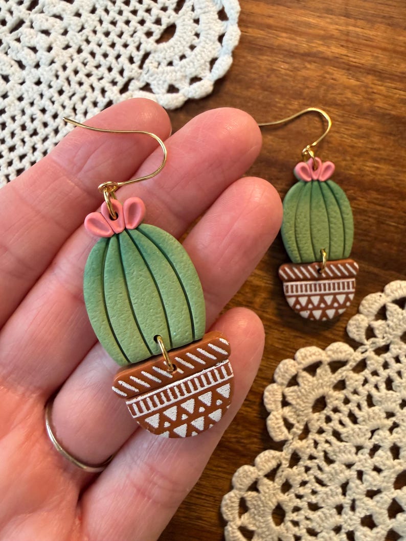 Polymer Clay Cactus Earrings: Hand-Chalked Detail, 18K Gold Plated Surgical Steel image 4