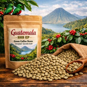 May include: A brown paper pouch labeled Guatemala SHB EP Green Coffee Beans, Unroasted, Specialty Grade. A pile of raw green coffee beans sits in front, with a wooden scoop and a burlap sack. Two green birds perch on the top of the pouch.