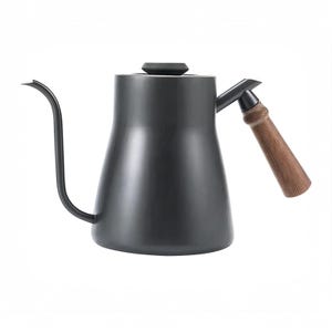 May include: A matte black gooseneck kettle with a wooden handle and lid. The kettle has a long, slender spout for precise pouring. The handle is made of light brown wood. The kettle is designed for brewing coffee or tea.