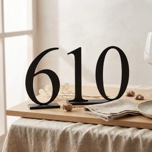 May include: A set of three freestanding black metal numbers forming the sequence 610. Each number features a serif typeface and is mounted on a rectangular black base. The numbers are arranged in a row, displaying the digits six, one, and zero.