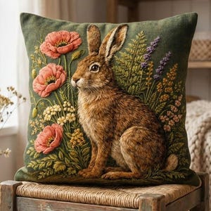 Vintage Hare Pillow, Floral Embroidery Print, Cottagecore Woodland Decor